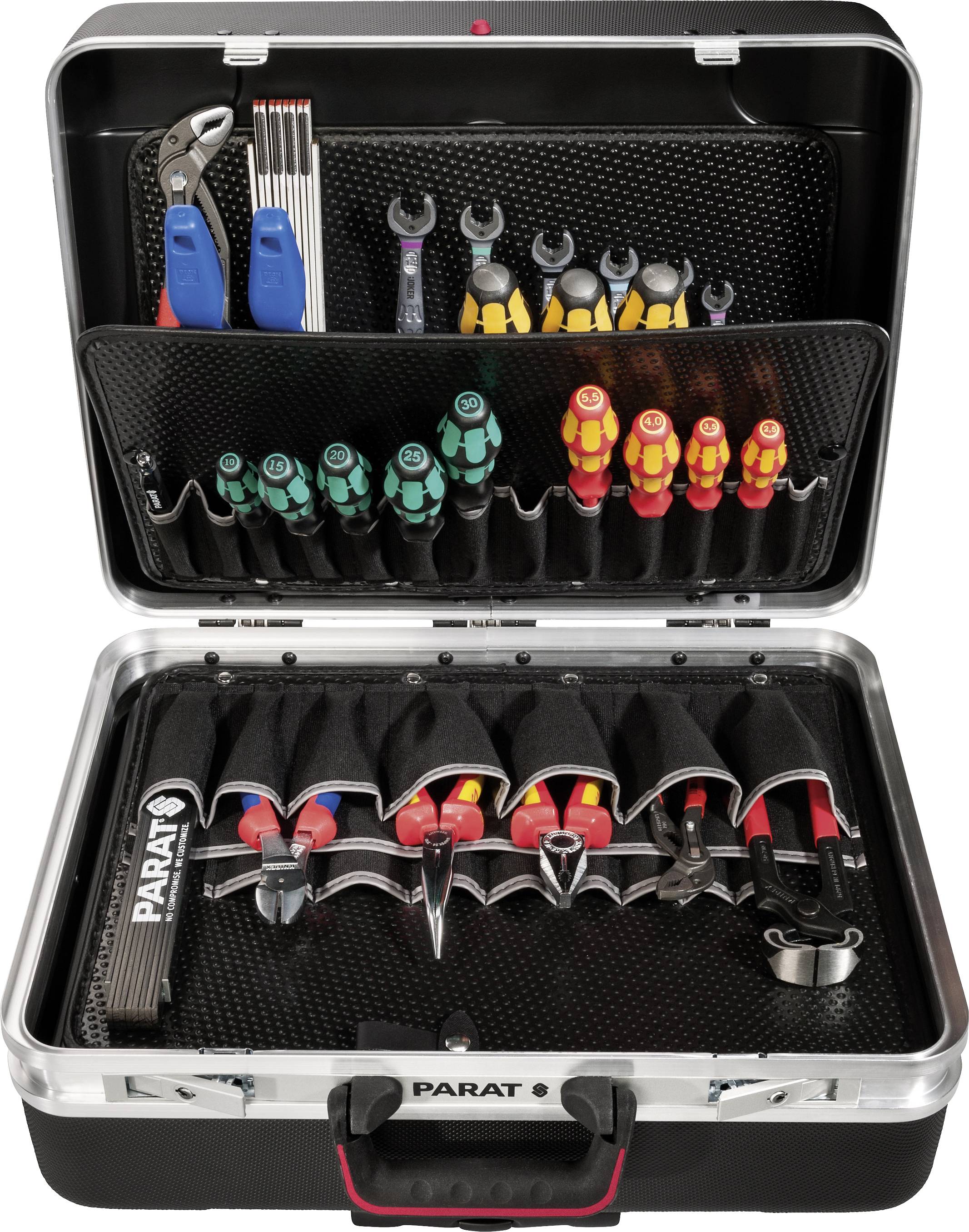 Skrzynka narzędziowa z otwartą pokrywą, prezentująca posortowane narzędzia, takie jak śrubokręty, szczypce i klucze w przegródkach.