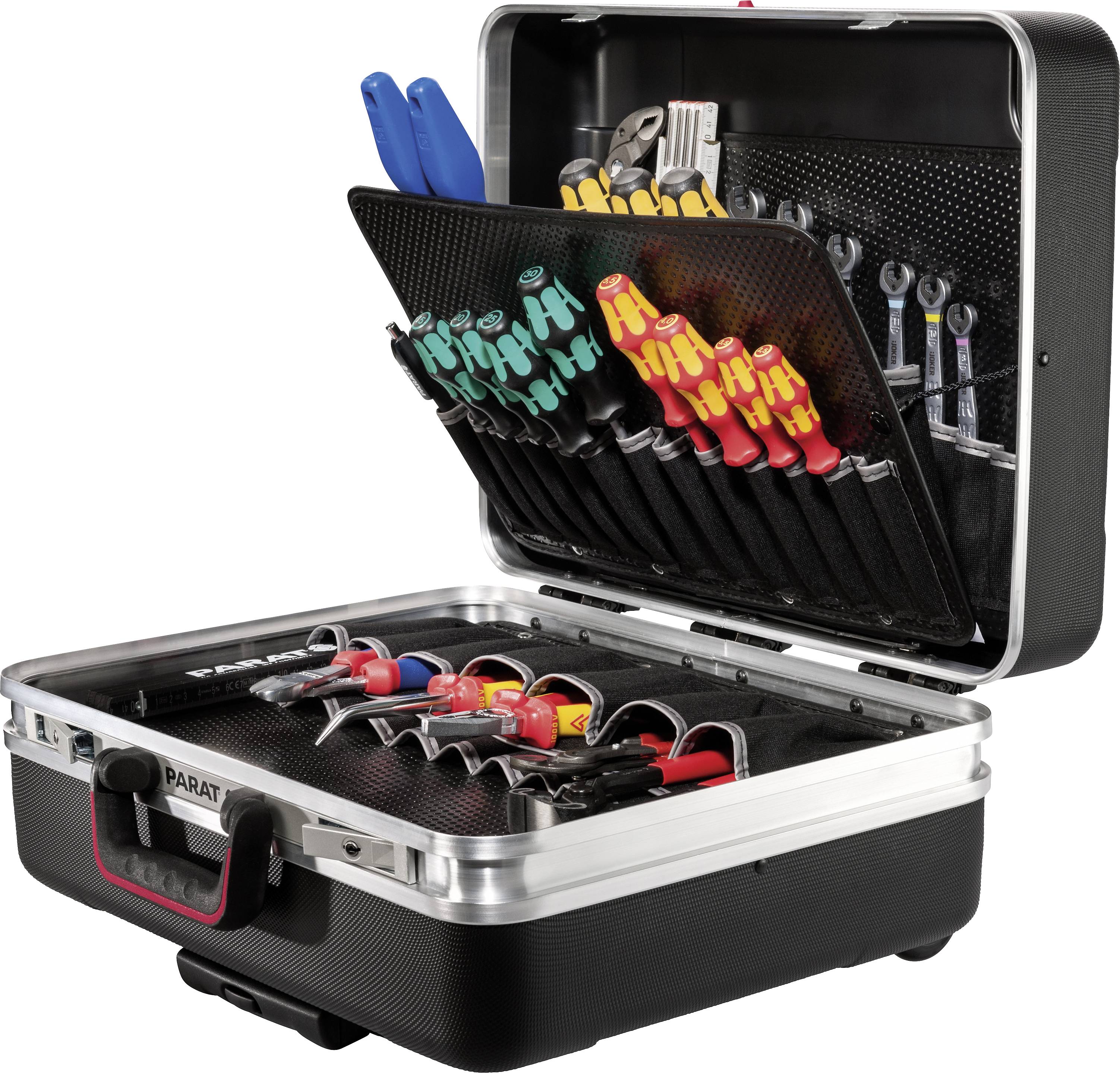 Otwarta skrzynka narzędziowa z różnymi narzędziami, takimi jak śrubokręty, szczypce i klucze, ułożonymi w schludny i uporządkowany sposób.