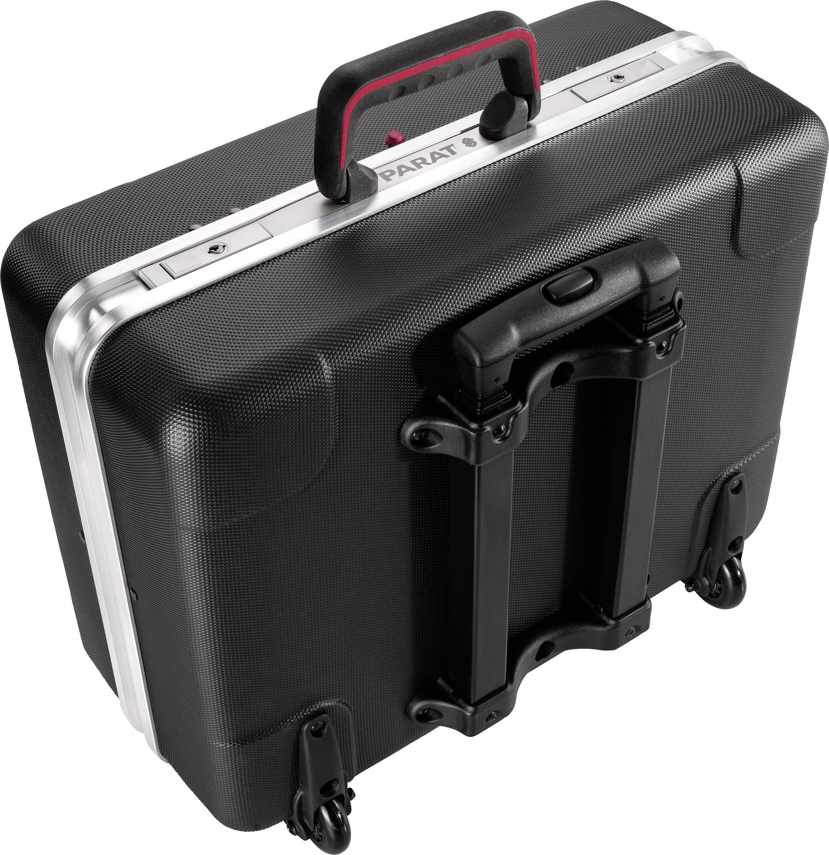 Czarny, wysuwany kufer z uchwytem, wytrzymałą obudową i srebrną ramą. Odpowiedni do transportu sprzętu lub narzędzi.