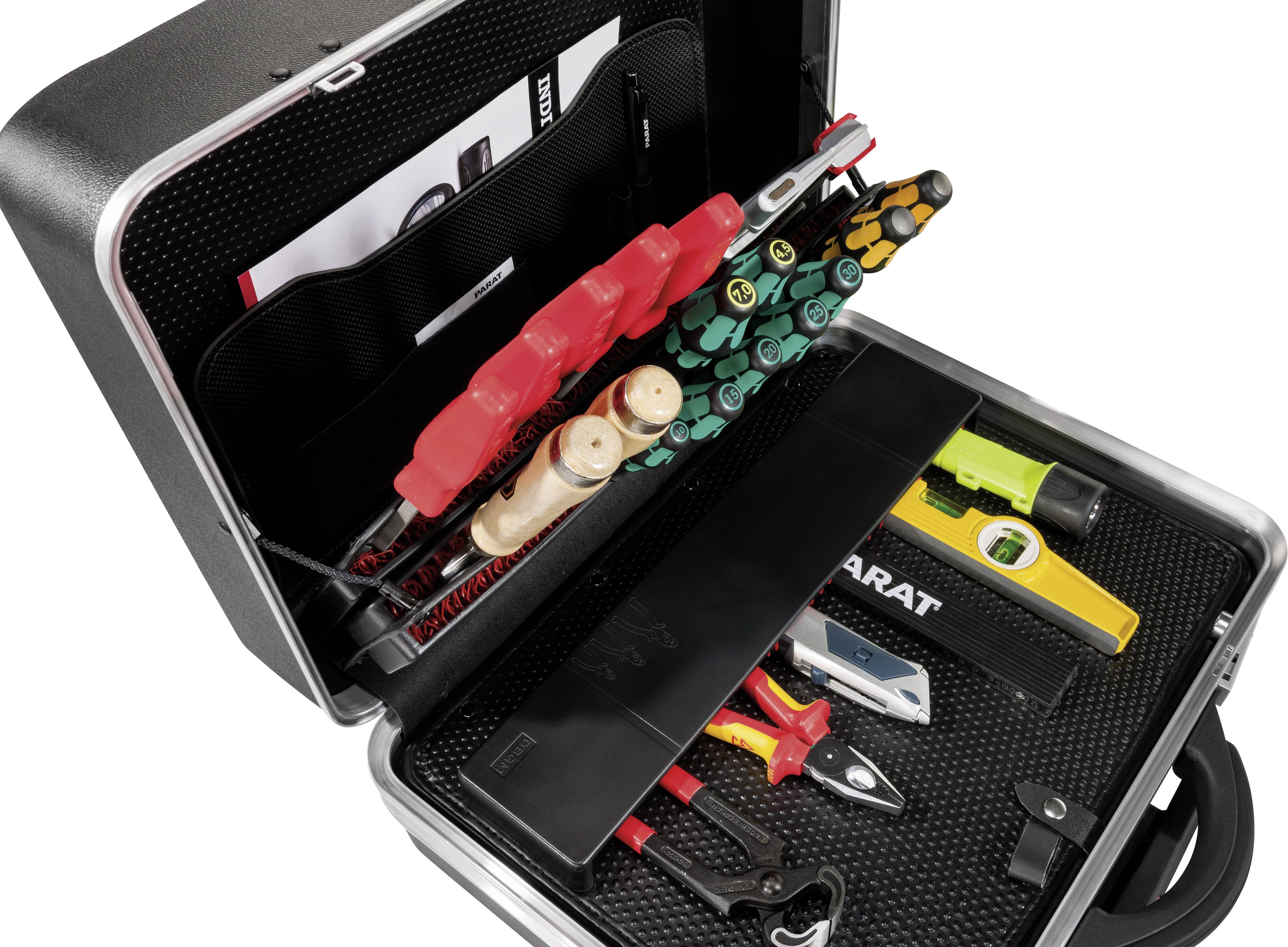 Otwarty kufer z narzędziami z różnymi narzędziami ręcznymi, w tym szczypcami, śrubokrętami, poziomicą i przyrządami pomiarowymi, ułożonymi w uporządkowanych przegródkach.