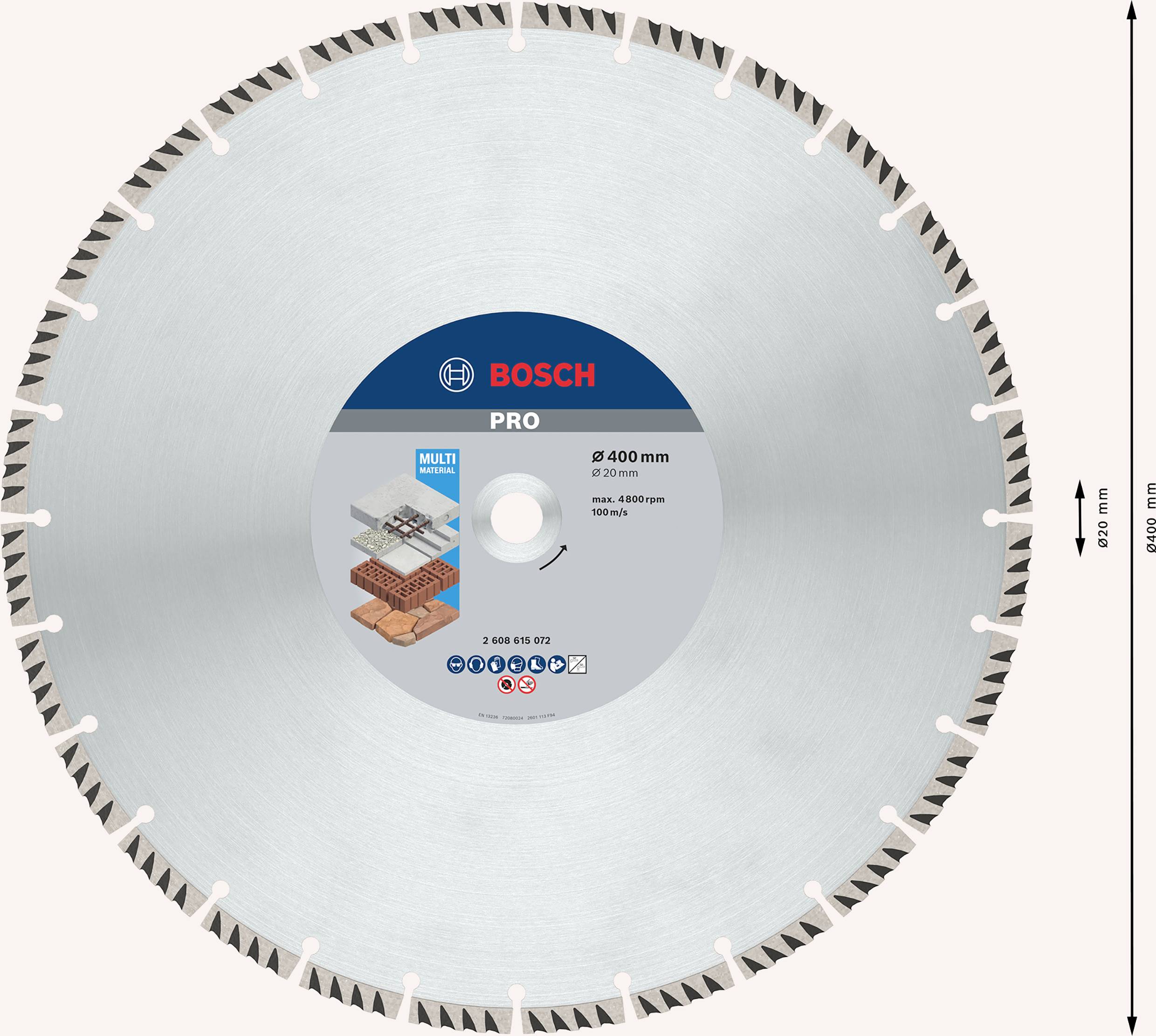 Ilustracja tarczy diamentowej Bosch Pro o średnicy 400 mm. Przeznaczona do betonu i kamienia. Prędkość: 4.800 obr./min.
