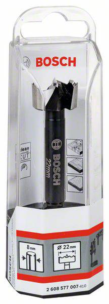 'Wiertło Forstner Bosch, średnica 22 mm, odpowiednie do prac w drewnie. Pakowane w plastikowe pudełko z symbolami zastosowań.'