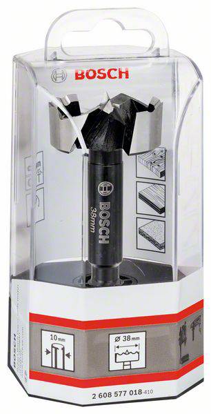 Opakowanie frezera do drewna firmy Bosch, przeznaczonego do precyzyjnych otworów w drewnie. Średnica 38 mm. Przedstawiono wzór cięcia i rodzaje zastosowań.