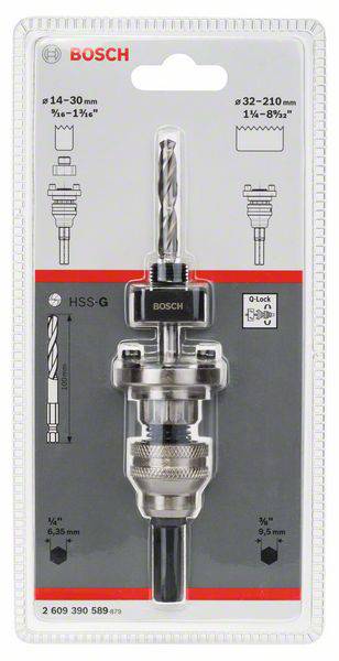 Zestaw wierteł w opakowaniu marki 'Bosch', przeznaczony do otworów o średnicy od 14 do 210 mm. Na zdjęciu widoczne są adaptery i wiertła.