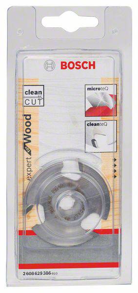 Opakowanie frezu Bosch 'Clean Cut' do drewna z zaawansowanym opisem technologicznym, w tym 'microteQ' i 'clean teQ'.