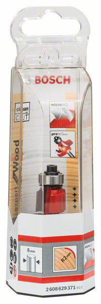 Opakowanie frezarki Bosch do drewna, trzpień 8 mm, przeznaczona do prac stolarskich. Przezroczyste opakowanie z czerwonymi i czarnymi elementami.
