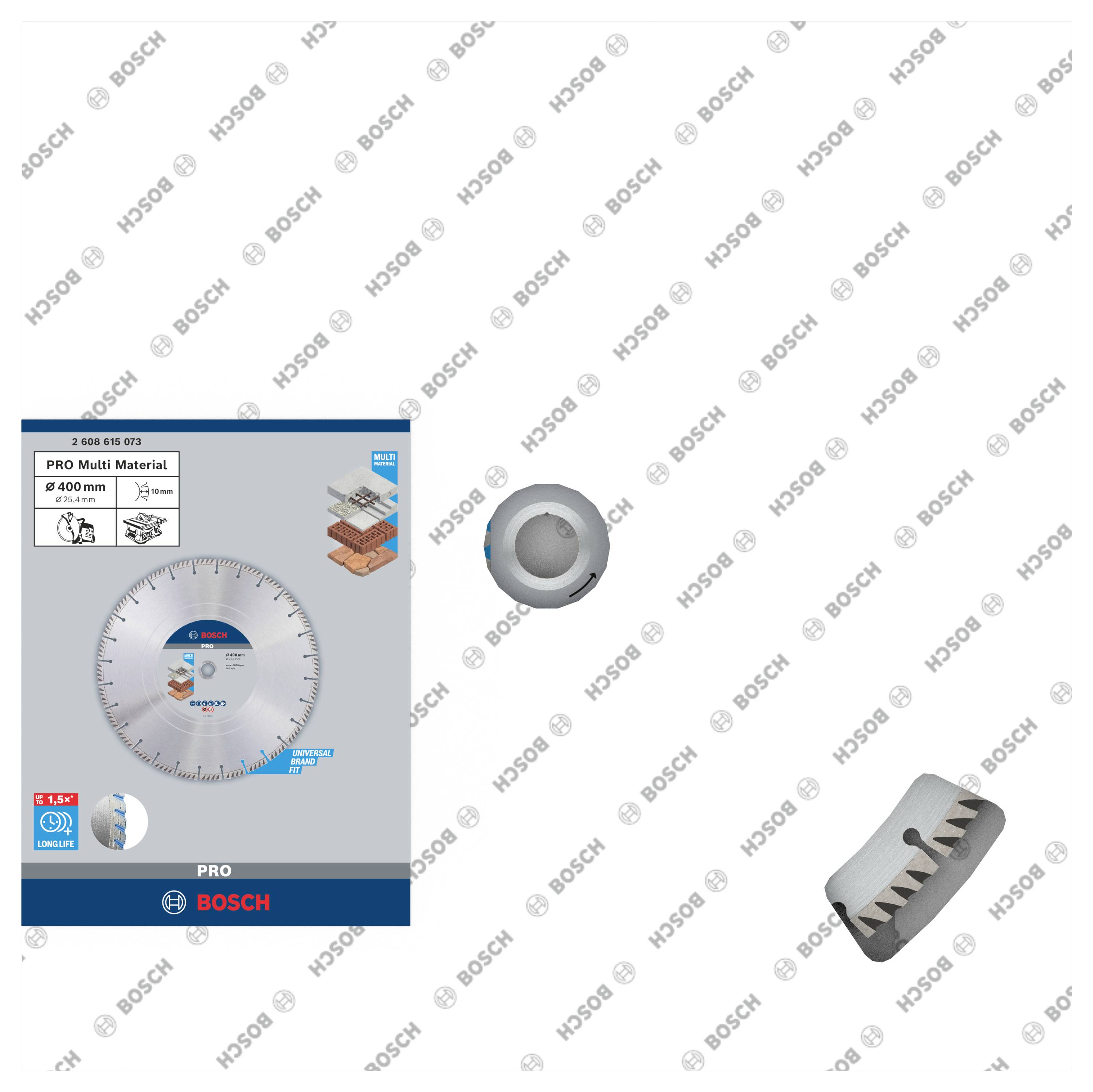 Tarcza do piły tarczowej firmy Bosch do różnych materiałów, średnica 400 mm, z projektem opakowania i zbliżeniem ząbkowania.