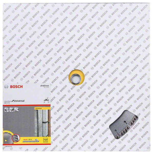 Opakowanie firmy Bosch zawiera okrągłą tarczę pilarską, odpowiednią do standardowych zastosowań. Zawiera wskazówki dotyczące materiałów i użycia.