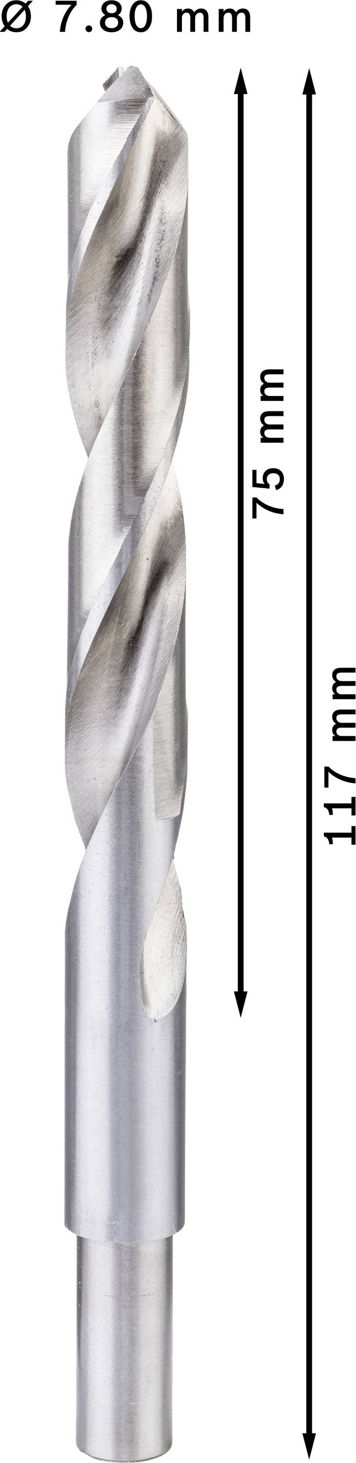 Wiertło do metalu o średnicy 7,80 mm. Długość całkowita 117 mm, długość skrawająca 75 mm.