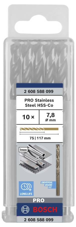 Wiertła Bosch w opakowaniu 10 sztuk, przeznaczone do stali nierdzewnej, rozmiar 7,8 mm, długość 75/117 mm, z materiału HSS-Co zapewniającego trwałość.