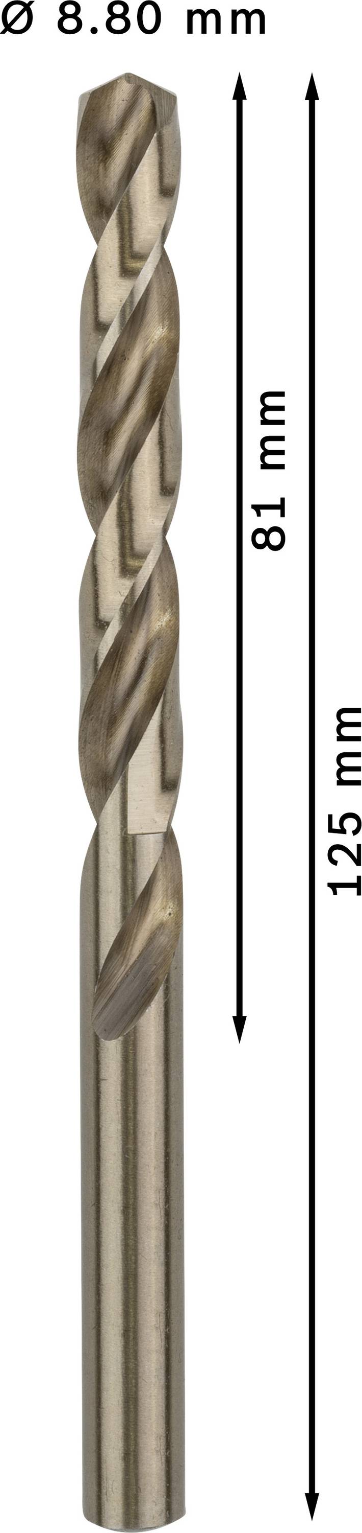 Wiertło do metalu o średnicy 8,8 mm i długości 125 mm; głębokość wiercenia wynosi 81 mm.