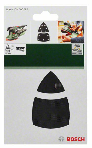 Opakowanie do arkuszy ściernych Bosch PSM 200 AES z ilustracjami urządzenia i akcesoriów; zawiera arkusze ścierne w kształcie trójkąta.