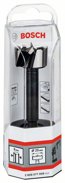 Wiertło firmy Bosch, zapakowane w przezroczystym pudełku; przeznaczone do drewna, średnica 25 mm. Opakowanie prezentuje przykłady zastosowań.