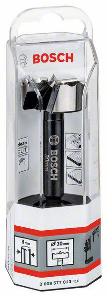 Wiertło Forstner firmy Bosch w opakowaniu, o średnicy 30 mm, przeznaczone do precyzyjnego wiercenia w drewnie, z informacjami o produkcie na opakowaniu.