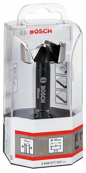Opakowanie z wiertłem Bosch Forstner o średnicy 36 mm. Odpowiednie do drewna. Wskazówki dotyczące użycia oraz szczegóły techniczne na opakowaniu.