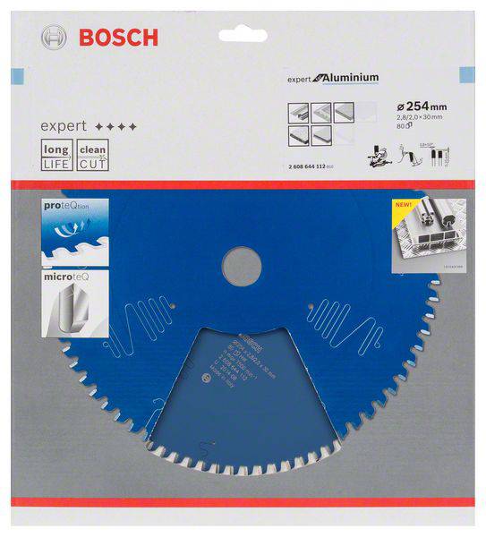 Opakowanie tarczy piły Bosch do aluminium o średnicy 254 mm. Zawiera symbole oznaczające długą żywotność i czysty cios.
