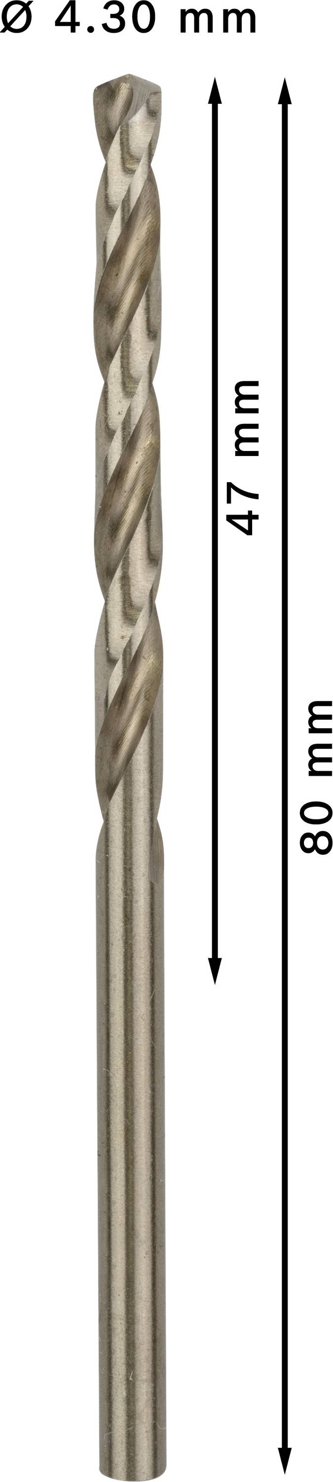 Wiertło spiralne Ø 4,30 mm, długość całkowita 80 mm, długość robocza 47 mm. Odpowiednie do obróbki metalu i drewna.