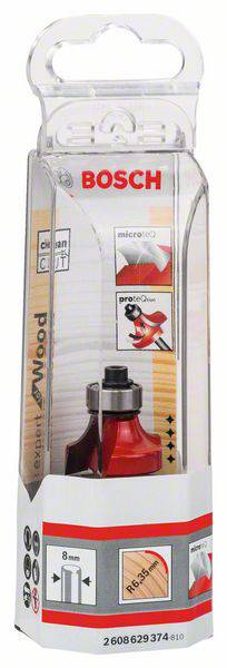 Opakowanie z frezem Bosch do obróbki drewna. Zawiera frez 8 mm z czerwoną głowicą tnącą.