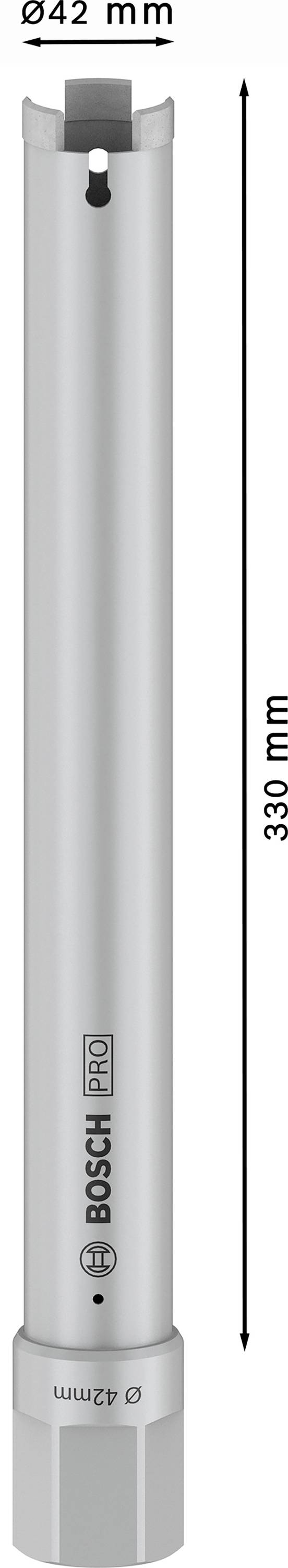 Korona wiertnicza o średnicy 42 mm i długości 330 mm, srebrna forma cylindryczna, z napisem Bosch Pro.