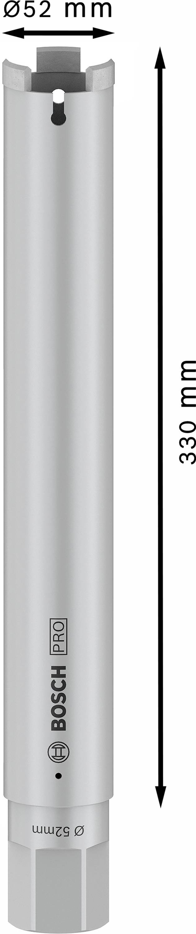 Srebrna korona wiertnicza firmy Bosch o średnicy 52 mm i długości 330 mm.