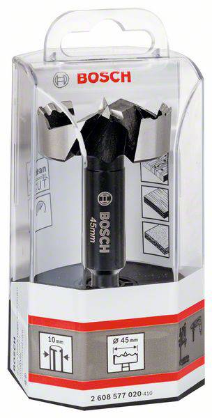 Wiertło Forstner firmy Bosch w opakowaniu, średnica wiertła 45 mm. Opakowanie przedstawia zastosowania: drewno, precyzyjne wiercenie otworów, szczegóły dotyczące rozmiaru otworu.