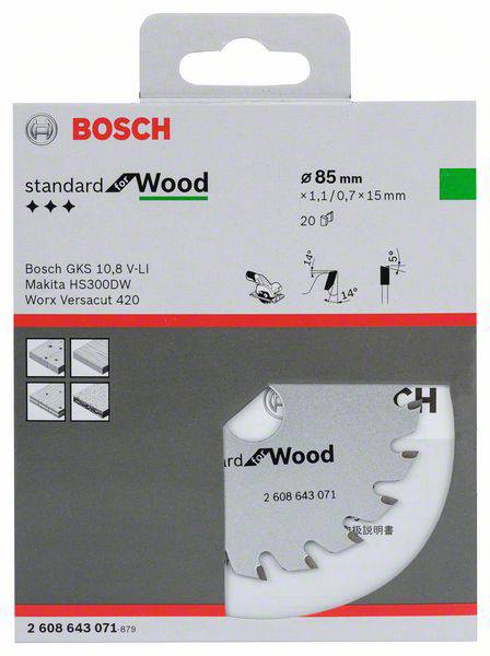 Opakowanie brzeszczotów 'Bosch' ze szczegółami produktu: do drewna, Ø 85 mm, 20 sztuk. Kompatybilne z Makita HS300DW oraz Worx Versacut 420.