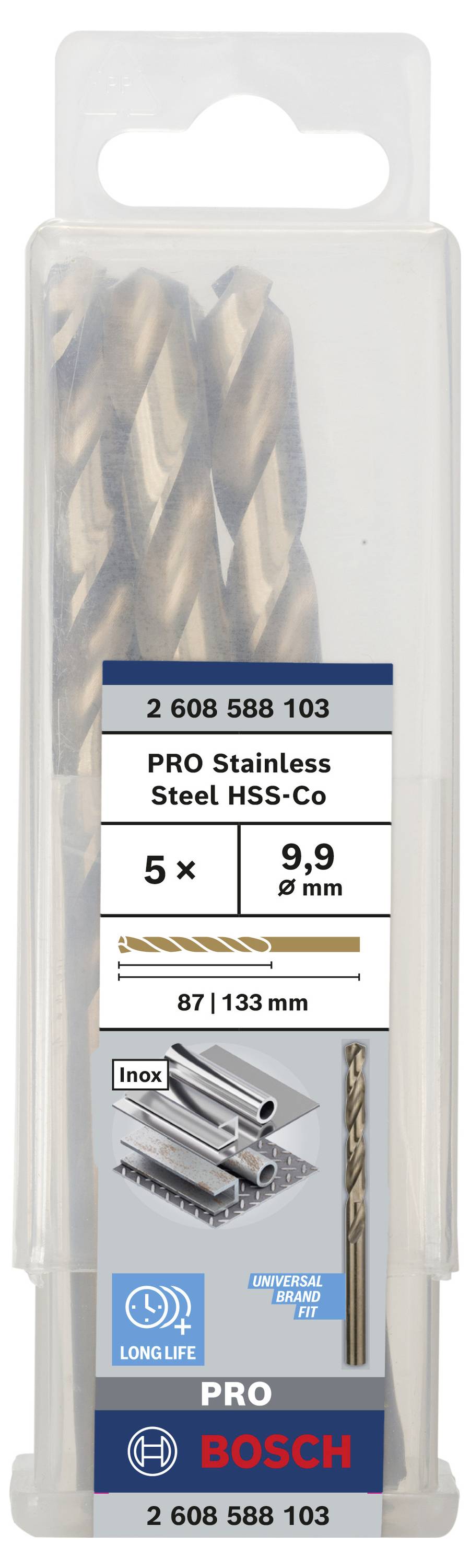 Zestaw pięciu wierteł Bosch PRO ze stali nierdzewnej HSS-Co, średnica 9,9 mm. Opakowanie przedstawia przykłady zastosowań i szczegóły produktu.