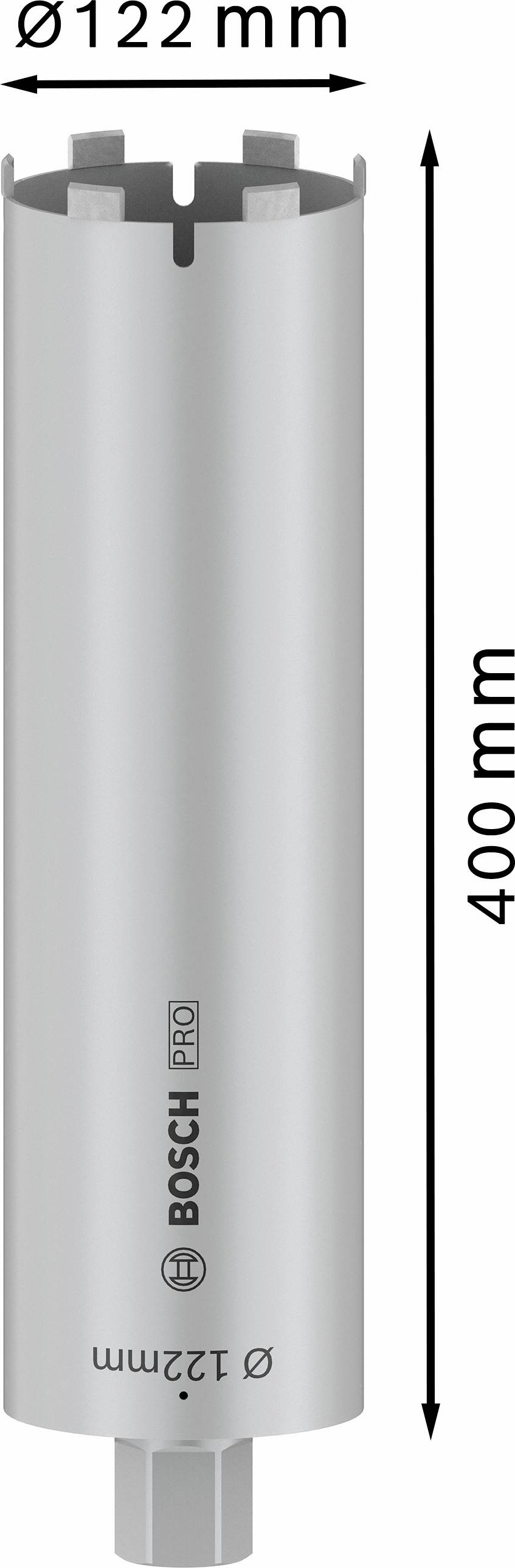 Srebrna koronka rdzeniowa o szerokości 122 mm i wysokości 400 mm. Napis: 'BOSCH PRO'.