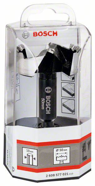 Wiertło Forstner'a firmy Bosch w opakowaniu, o średnicy 50 mm, do precyzyjnego wiercenia w drewnie. Opakowanie prezentuje przykłady zastosowań.