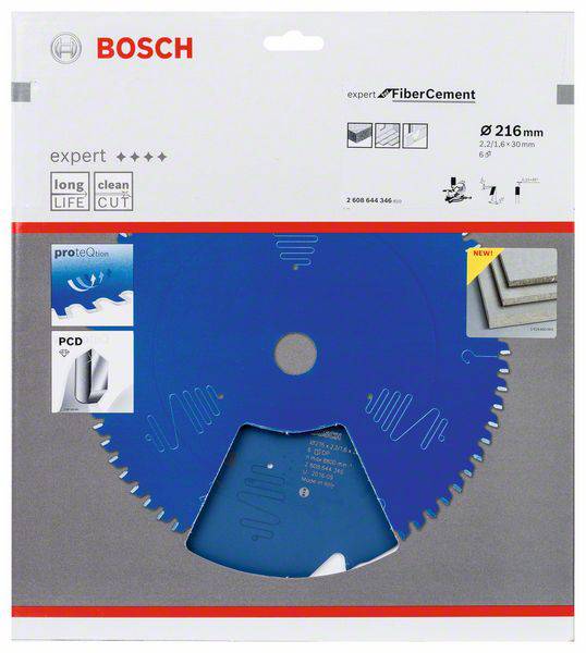 'Tarcza piły Bosch do włóknocementu, Ø 216 mm, seria Expert+, długa żywotność, precyzyjne cięcie. Opakowanie prezentuje produkt.'