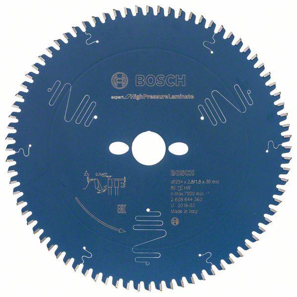 Niebieskie ostrze piły marki Bosch z nadrukiem informacji o modelu i specyfikacjach, odpowiednie do instalacji wysokociśnieniowych.