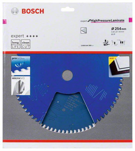 Tarcza piły Bosch 254 mm Expert do laminatu wysokociśnieniowego, przeznaczona do długotrwałego użycia i czystego cięcia, wyposażona w technologię proteQtion i microteQ.