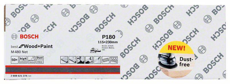 Papier ścierny Bosch M480 Net, do drewna i farby, ziarnistość P180, 115x280mm, bezpyłowy, 50 sztuk, pakowany z ilustracjami zastosowania.