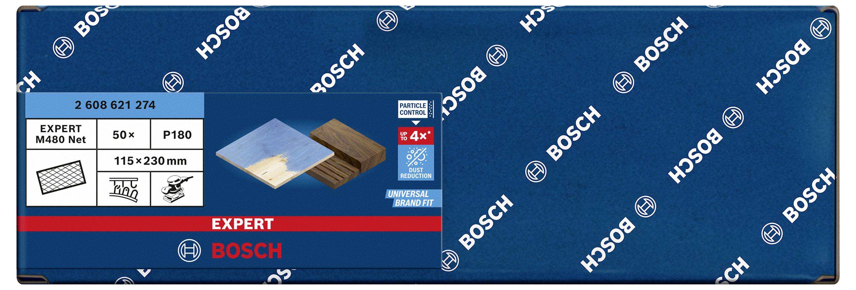 Pudełko papieru ściernego 'Bosch Expert', 115x230mm, 50 sztuk, P180, do drewna i farby. Opakowanie w kolorze niebieskim z białym logo Bosch.