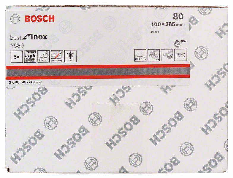 Opakowanie Bosch z tarczami szlifierskimi Inox, 5 sztuk, 100 x 285 mm, odpowiednie do stali nierdzewnej, z symbolami instrukcji użycia.