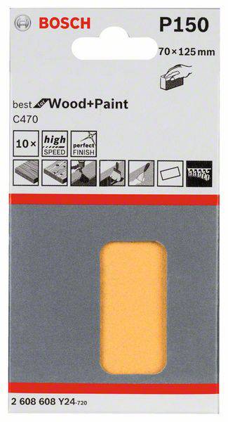 Papier ścierny Bosch P150, 70x125 mm. Odpowiedni do drewna i farby. 'High Speed', 'Perfect Finish', 'C470'. Opakowanie zawiera 10 sztuk.