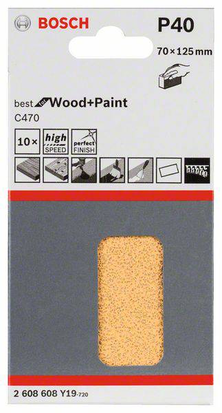 Papier ścierny Bosch P40, 70 x 125 mm, do drewna i farby, 10 sztuk. Odpowiedni do szybkiego i doskonałego wykańczającego szlifowania.