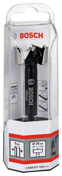 Zestaw wierteł firmy Bosch, zapakowany w plastik. Odpowiedni do precyzyjnych prac rzeźbiarskich w drewnie o średnicy 26 mm i długości 8 mm.