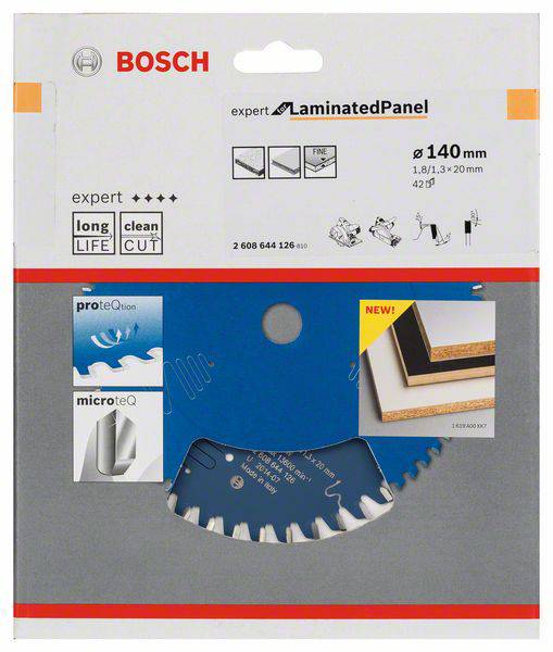 Tarcza piły tarczowej 'Bosch Expert for Laminated Panel', średnica: 140 mm, odpowiednia do płyt laminowanych, wytrzymała, zapewniająca czysty cios.