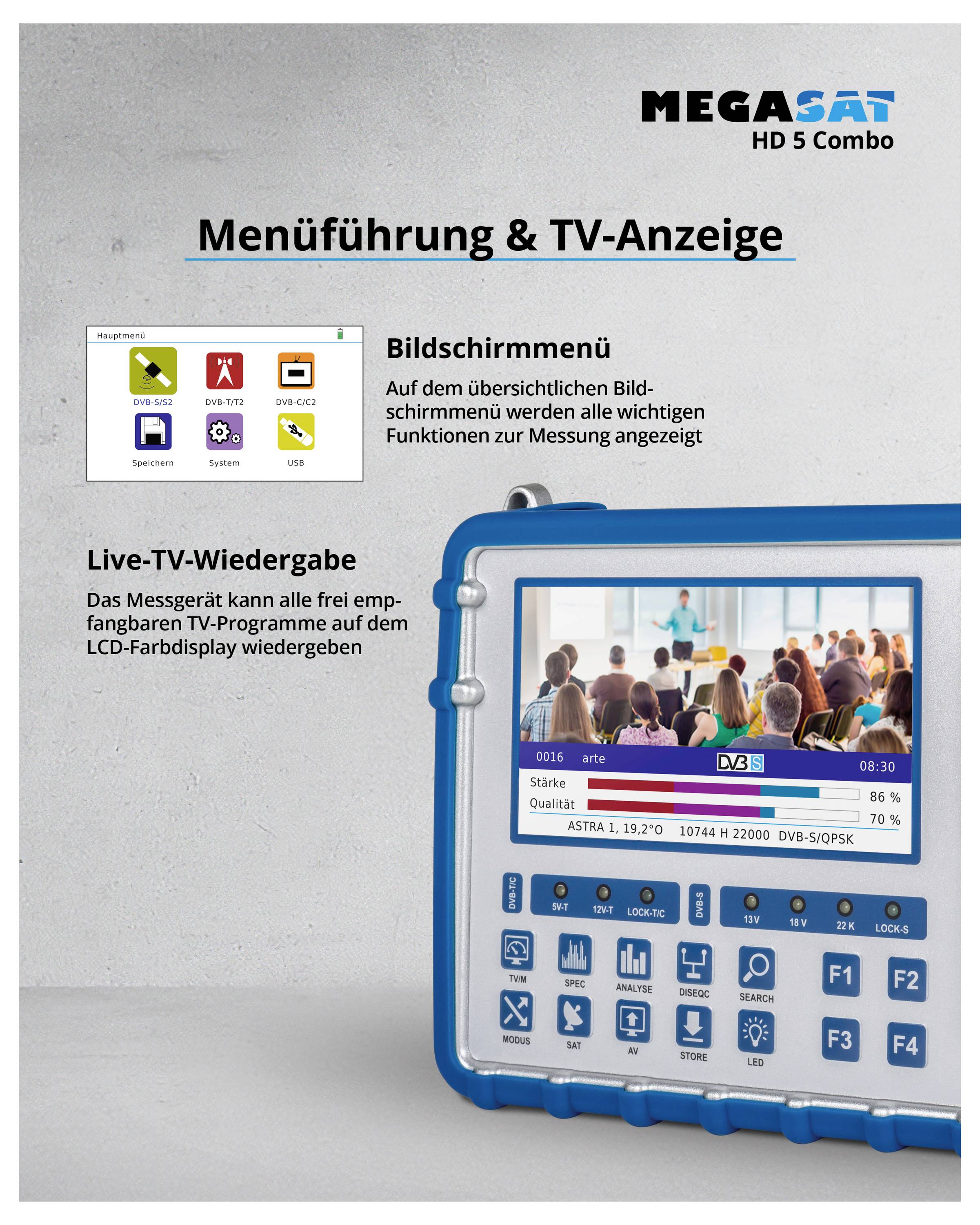 Urządzenie 'HD 5 Combo' z ekranem, wyświetlające program telewizyjny wraz z menu obrazowym i opcjami. Kontekst opisuje nawigację w menu i wyświetlanie telewizji.