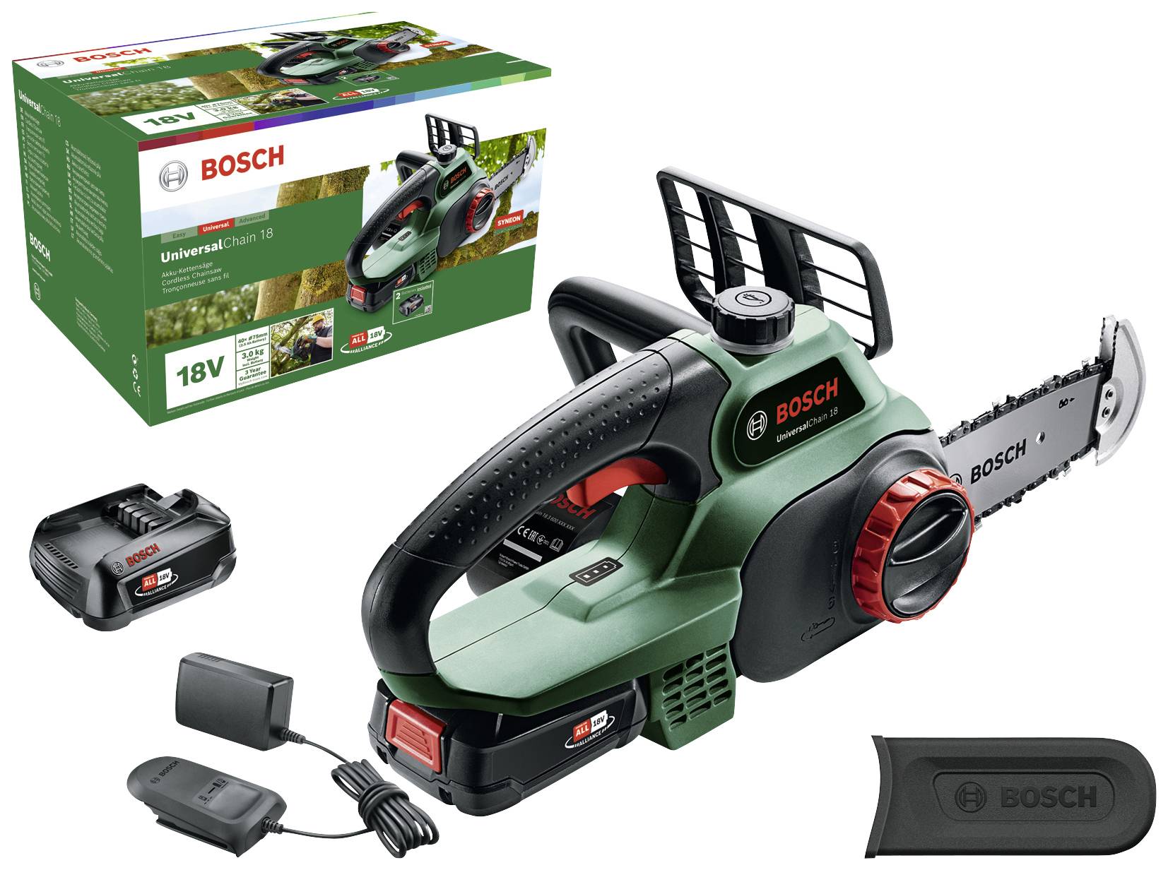 Zielona i czarna akumulatorowa piła łańcuchowa Bosch z ładowarką, akumulatorem, pokrowcem ochronnym i opakowaniem. Odpowiednia do prac majsterkowiczów.