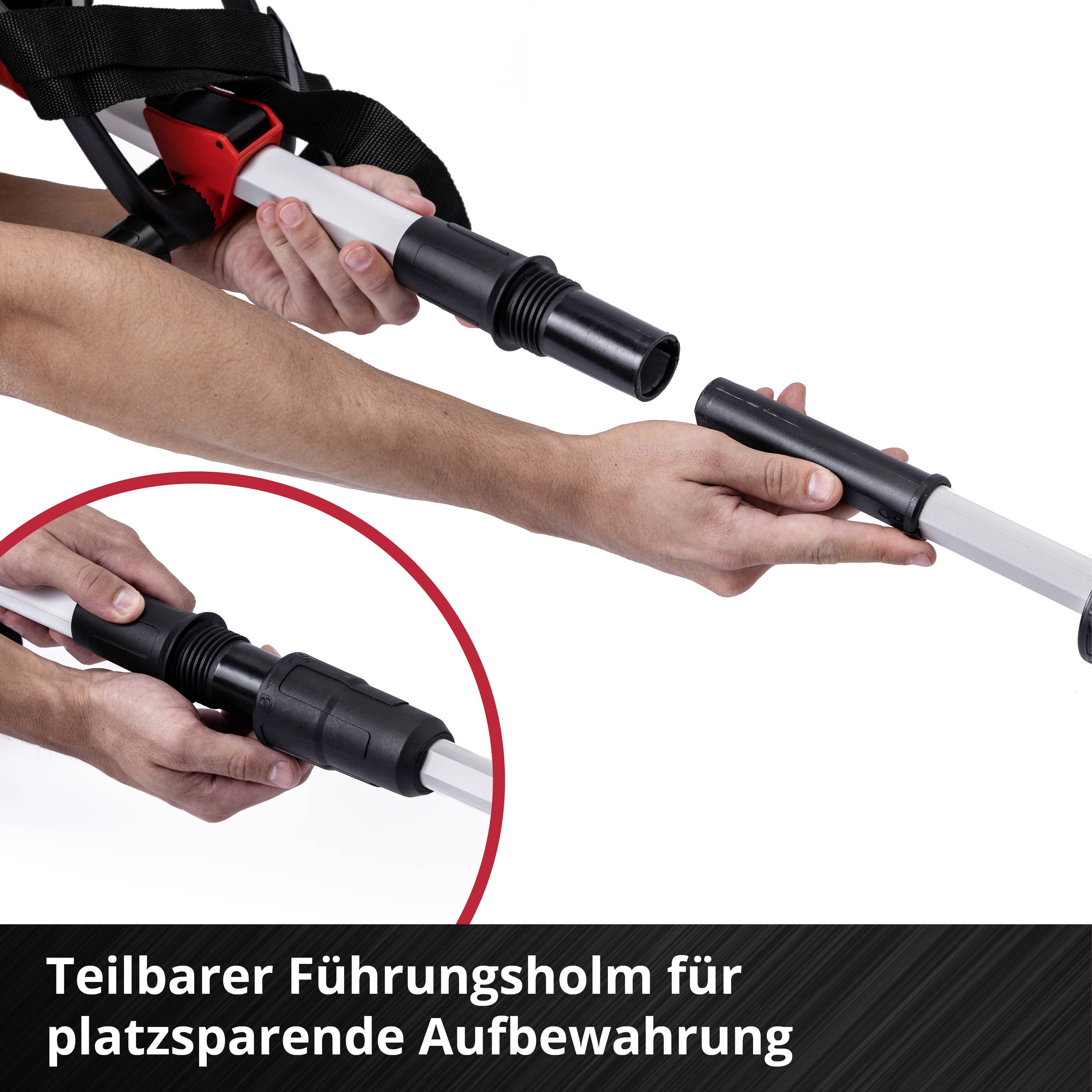 Osoba trzyma dzielony uchwyt urządzenia czyszczącego. Tekst: 'Dzielony uchwyt do przechowywania w małej przestrzeni'.