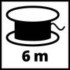 Czarna sylwetka szpuli z nawiniętą nicią, nad napisem '6 m', prawdopodobnie oznaczającym długość nici.