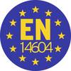 'EN 14604' w żółtym tekście, otoczony dwunastoma żółtymi gwiazdkami na niebieskim kole. Symbolizuje europejskie normy dla czujek dymu.