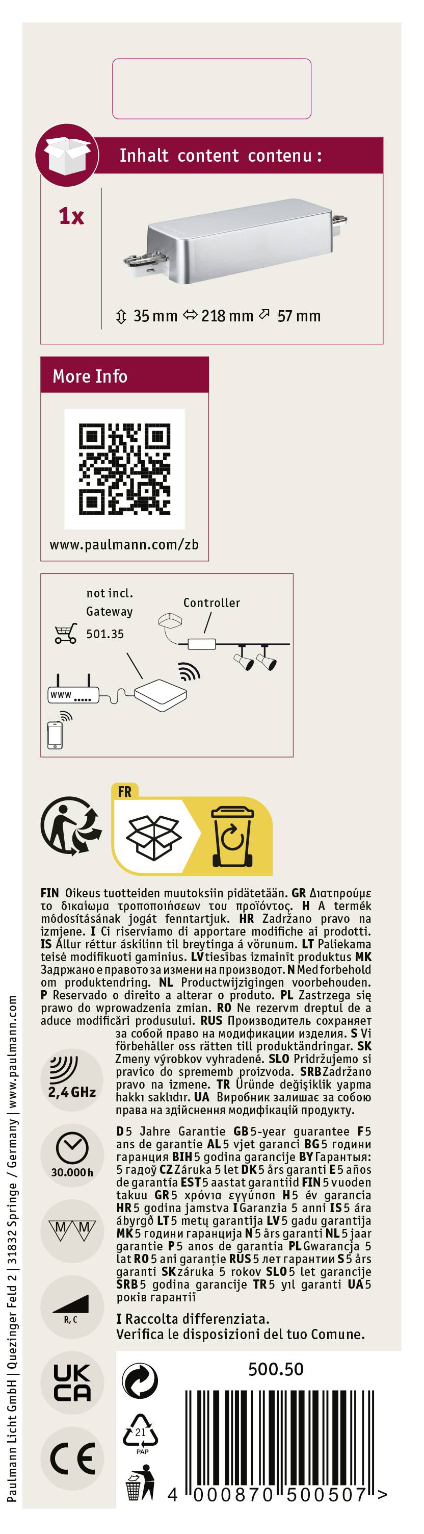 Oprawa LED Osram LEDVANCE Damp Proof: zawiera 1 diodę LED, wymiary 35 mm x 218 mm x 57 mm, dostępny kod QR z dodatkowymi informacjami.