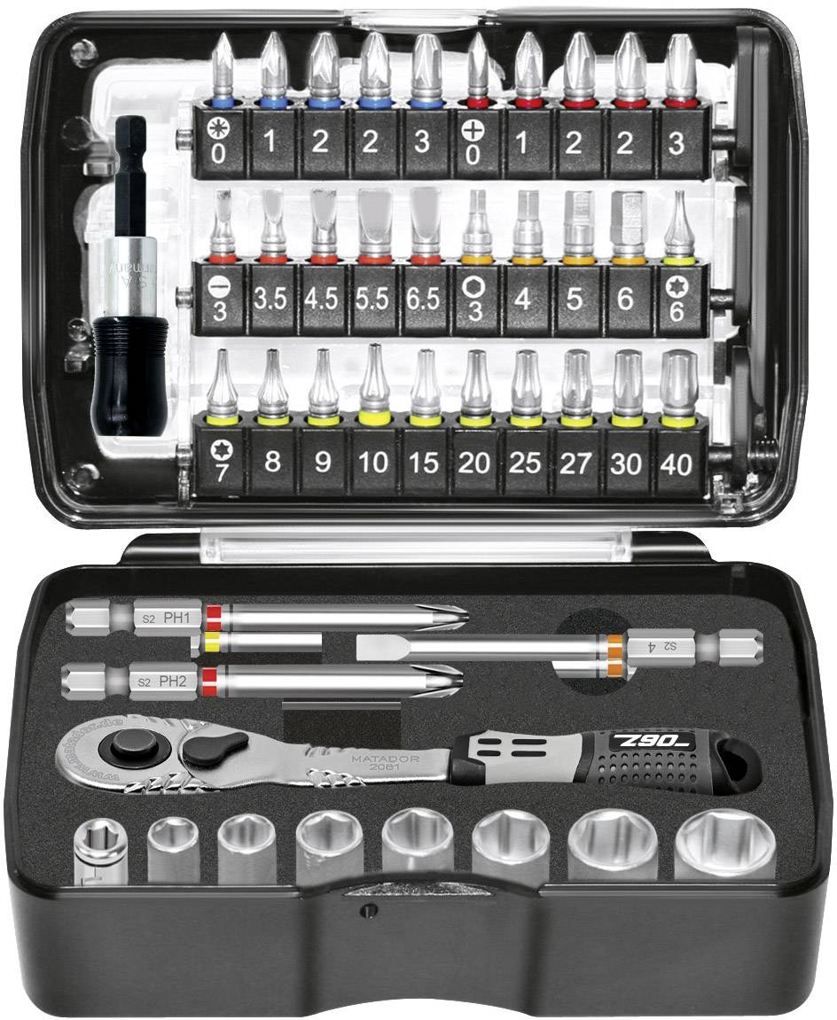 Zestaw bitów z nasadkami, grzechotką i wkrętakami. Wybór rozmiarów od 3 mm do 5 mm; ponumerowane przegródki do organizacji.