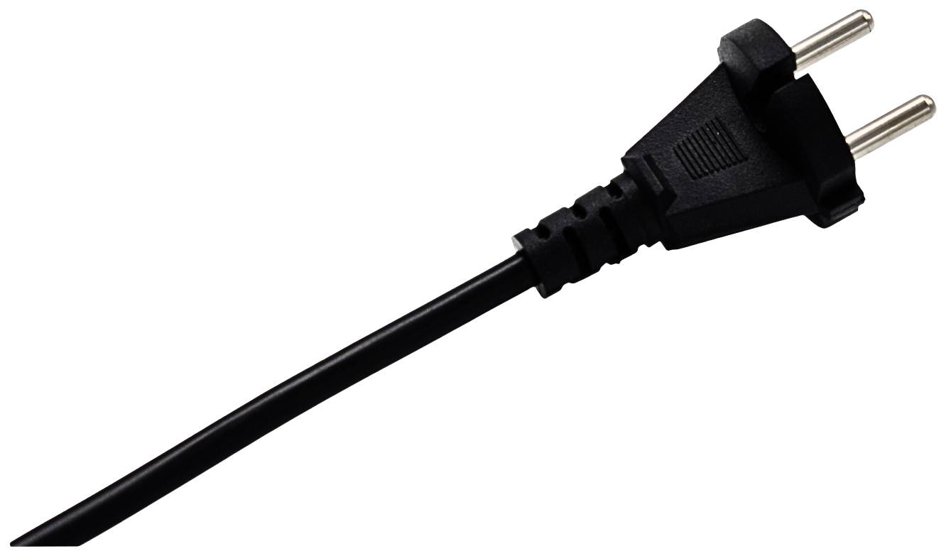 Czarny, dwubiegunowy wtyk UE podłączony do przewodu, używany do podłączenia do gniazdka elektrycznego.