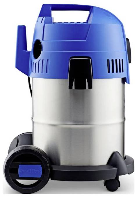 Niebieski i szary przemysłowy odkurzacz z dużymi kołami i solidnym uchwytem, zaprojektowany do ciężkich zadań sprzątających.