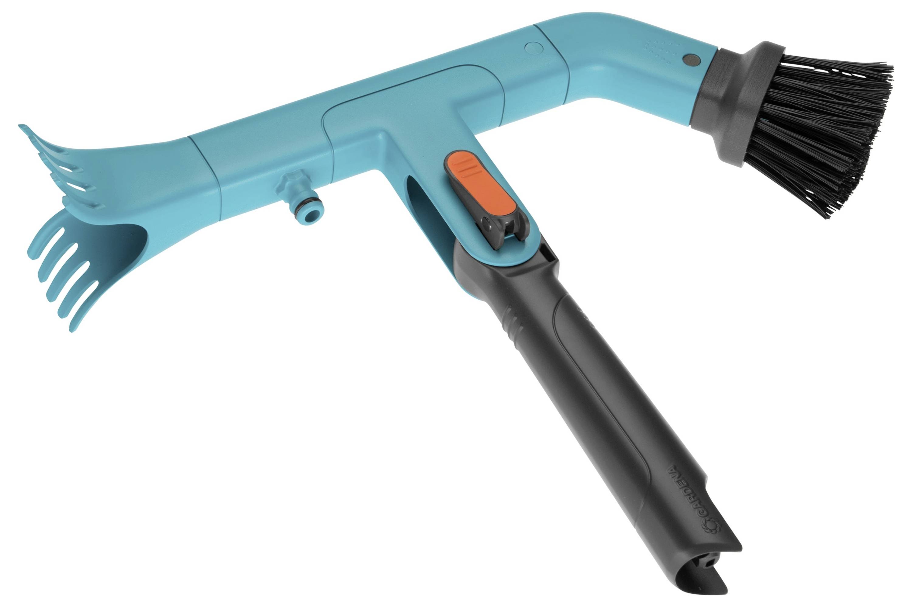 Turkusowe urządzenie ogrodowe z główką szczotki i pomarańczowym przełącznikiem, prawdopodobnie przeznaczone do czyszczenia mebli ogrodowych lub tarasów.
