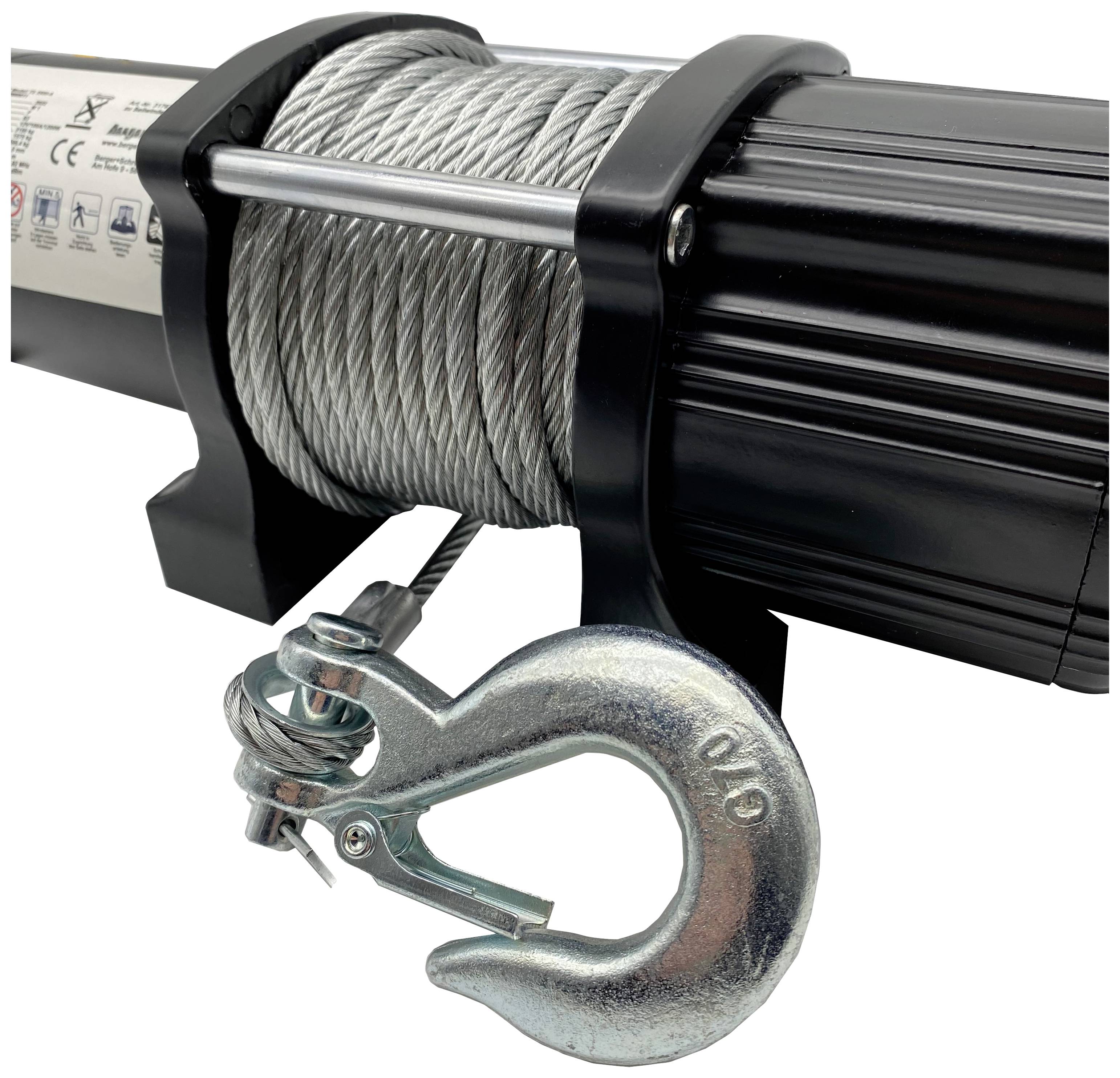 Wciągarka linowa z liną stalową i hakiem metalowym, zamontowana na czarnym mocowaniu do celów podnoszenia lub ciągnięcia.